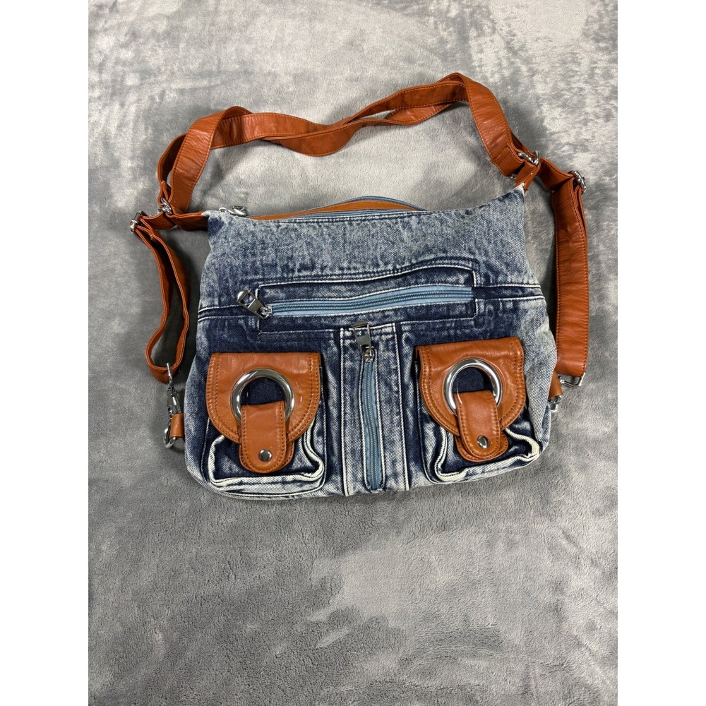 Unbranded Women Acid Wash Denim Crossbody Bag Medium Blue Brown Multi Pocket